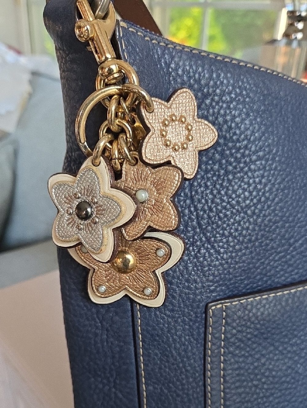 COACH Floral Metallic Leather Keychain with Gold Hardware - Picture 2 of 10